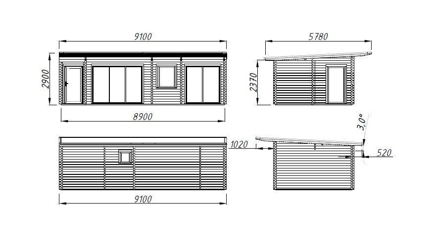 Cecilia XXL (9,1x4,4m | 32m² | 70mm) Tilava 3-huoneinen moderni kesämökki alumiiniovilla ja -ikkunoilla