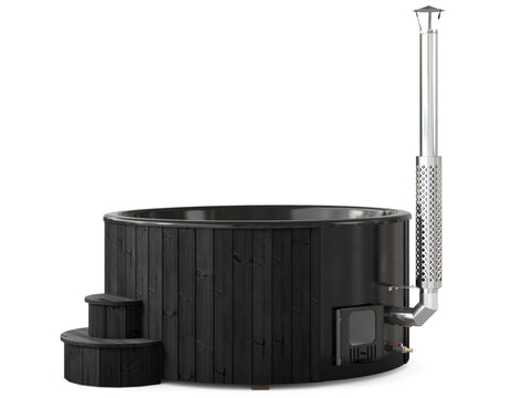 Solace L Blackline (d220cm | 8-hengen) Pyöreä puulämmitteinen kylpytynnyri integroidulla puukiukaalla - LED & lämpökansi sisältyy
