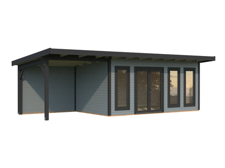 Aurelia L+ (8,3x3 m | 15,2 + 7,9 m² | 44 mm) Tilava moderni pihahuone katoksella