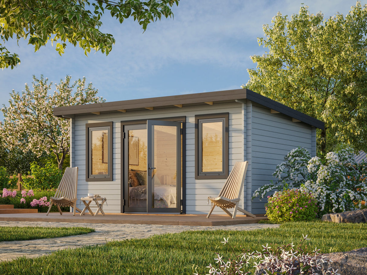 Lisandra M (4,7x3,5 m | 14,2 m² | 44 mm) Vierasmaja alumiiniovilla ja -ikkunoilla