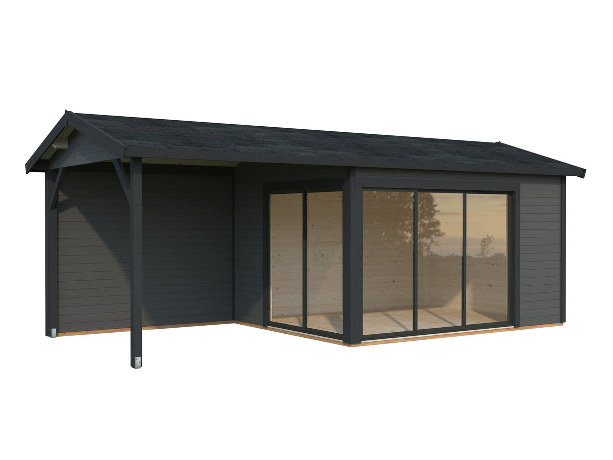Amanda S+ (6,7x3m | 11,2+7,8 m2 | 44mm) Moderni vierasmaja katoksella ja liukuovilla (Saatavilla kaksoislasituksella)