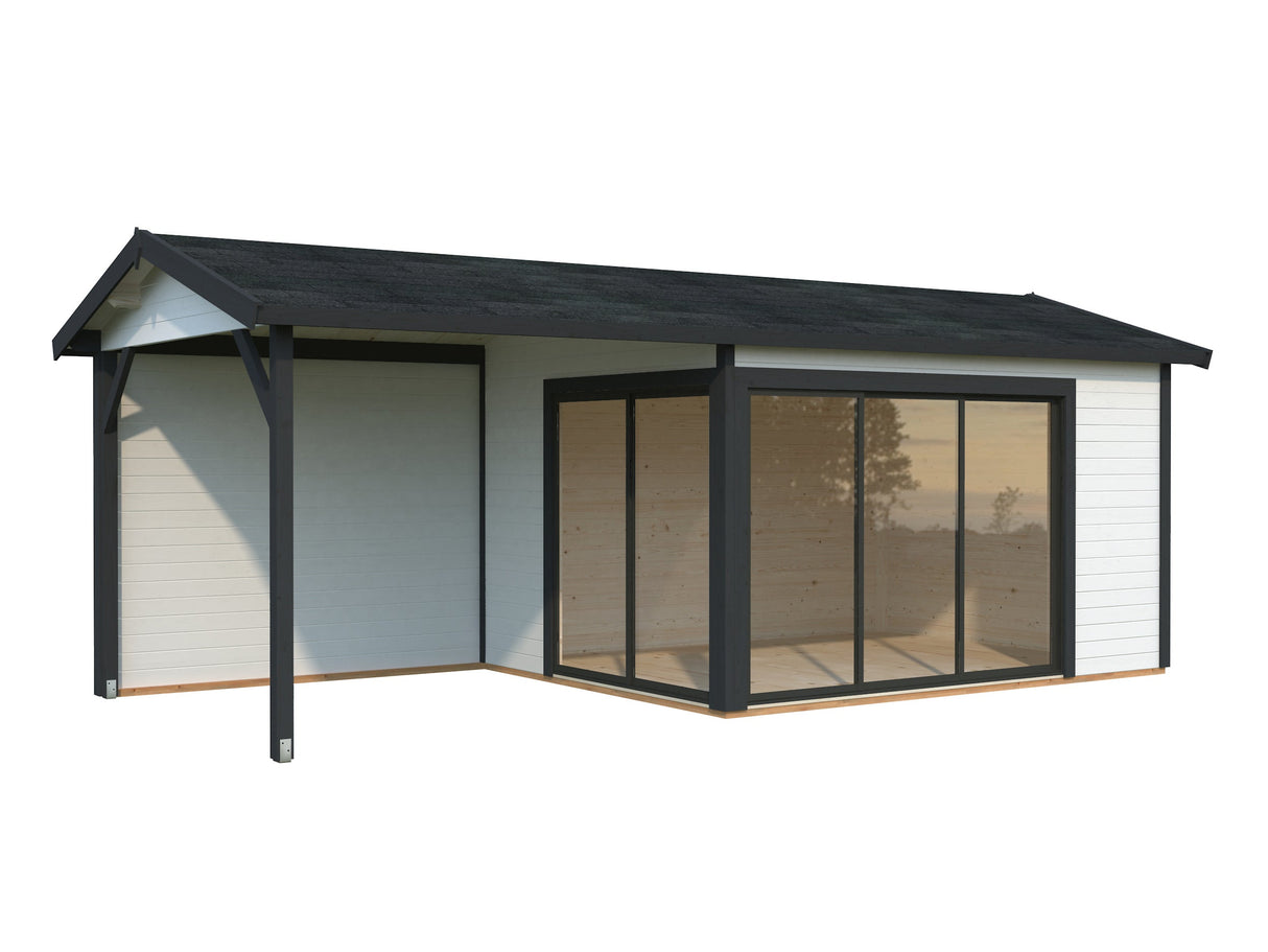 Amanda S+ (6,7x3m | 11,2+7,8 m2 | 44mm) Moderni vierasmaja katoksella ja liukuovilla (Saatavilla kaksoislasituksella)