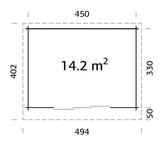 Lea M (4,5x3,3m | 14,2m² | 44mm) Tilava pulpettikattoinen piharakennus liukuovilla (saatavana tupla-lasillisena)