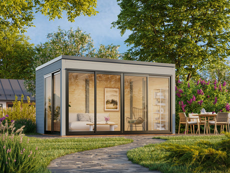 Serena 1 (4,2x3,2 m | 12,6 m² | 44 mm) Moderni kulmamallinen lasipaviljonki pihaan – alumiiniovet ja -ikkunat (yksilasinen tai kaksilasinen)