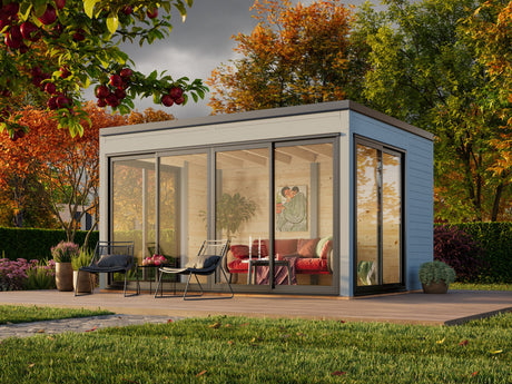 Serena 2 (4,2x3,2 m | 12,6 m² | 44 mm) Moderni lasipaviljonki pihaan – alumiiniovet ja -ikkunat (yksilasinen tai kaksilasinen)