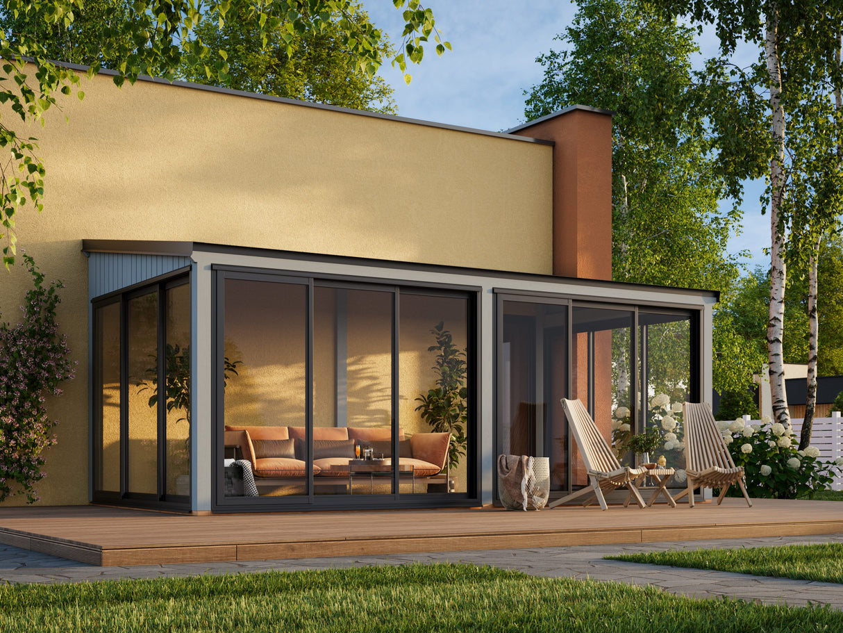 Lumi M (5,8x3 m | 16,2 m² | 120x120 mm) Moderni kiinteä lasipaviljonki pihaan