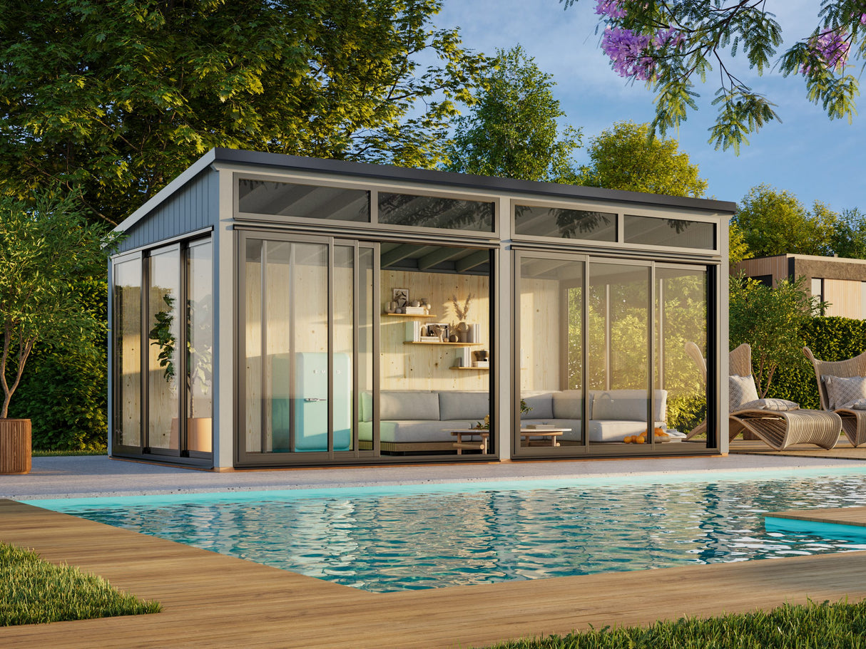 Saga M (5,8x3 m | 16,2 m² | 120x120 mm) Erillinen moderni lasipuutarha tai kesähuone pihaan