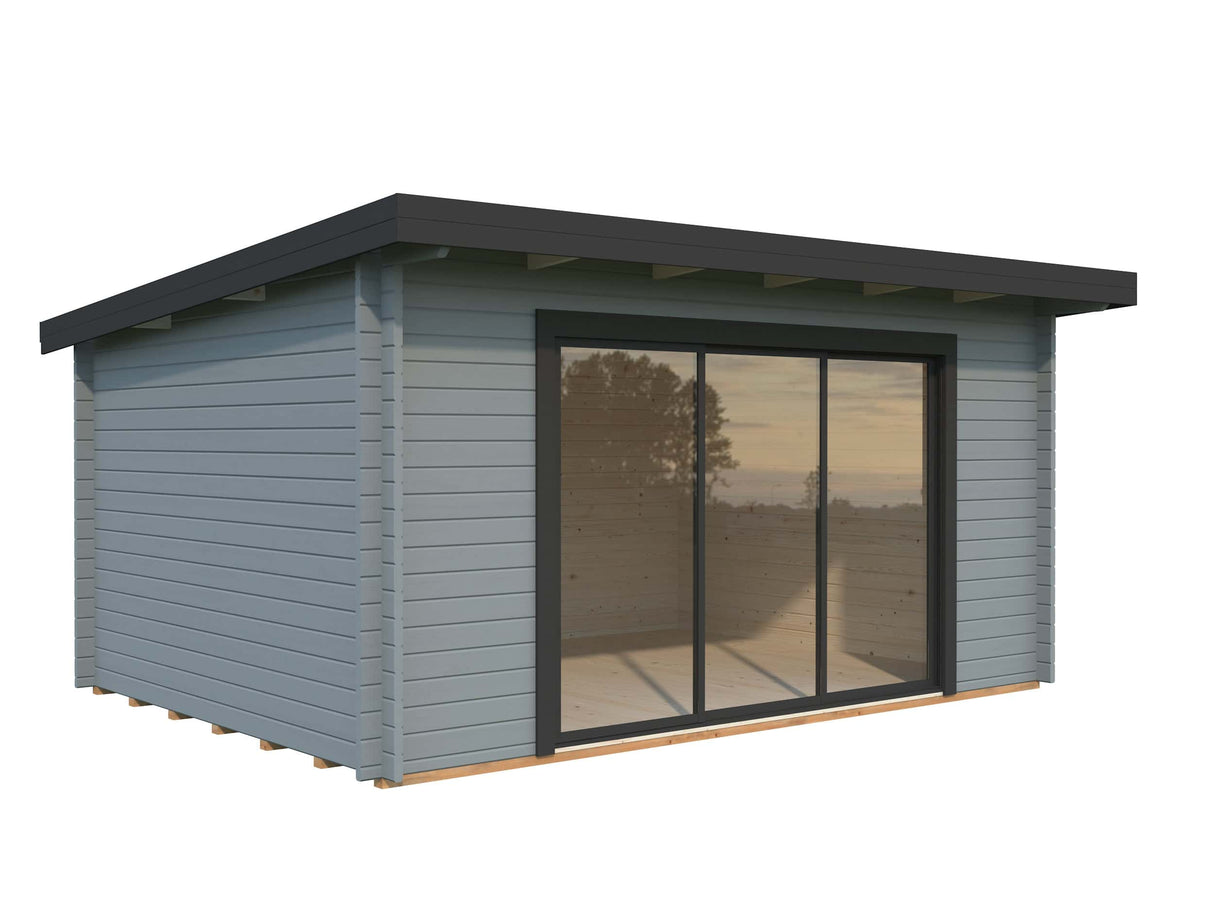 Lea M (4,5x3,3m | 14,2m² | 44mm) Tilava pulpettikattoinen piharakennus liukuovilla (saatavana tupla-lasillisena)