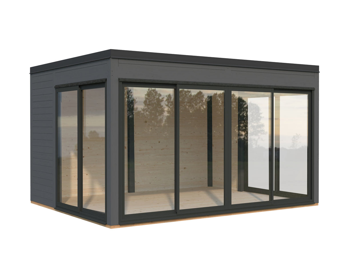 Serena 2 (4,2x3,2 m | 12,6 m² | 44 mm) Moderni lasipaviljonki pihaan – alumiiniovet ja -ikkunat (yksilasinen tai kaksilasinen)
