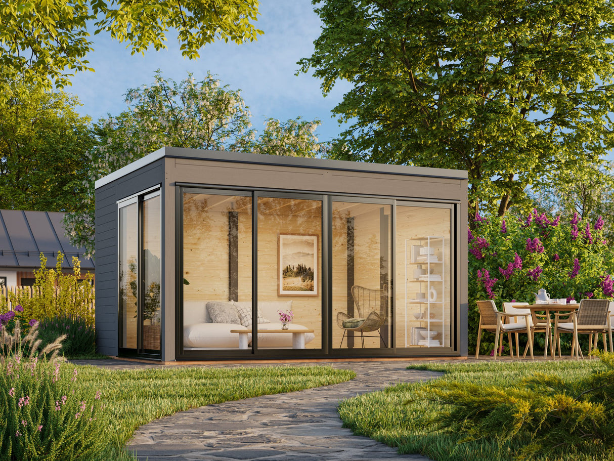 Serena 1 (4,2x3,2 m | 12,6 m² | 44 mm) Moderni kulmamallinen lasipaviljonki pihaan – alumiiniovet ja -ikkunat (yksilasinen tai kaksilasinen)