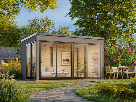 Serena 1 (4,2x3,2 m | 12,6 m² | 44 mm) Moderni kulmamallinen lasipaviljonki pihaan – alumiiniovet ja -ikkunat (yksilasinen tai kaksilasinen)