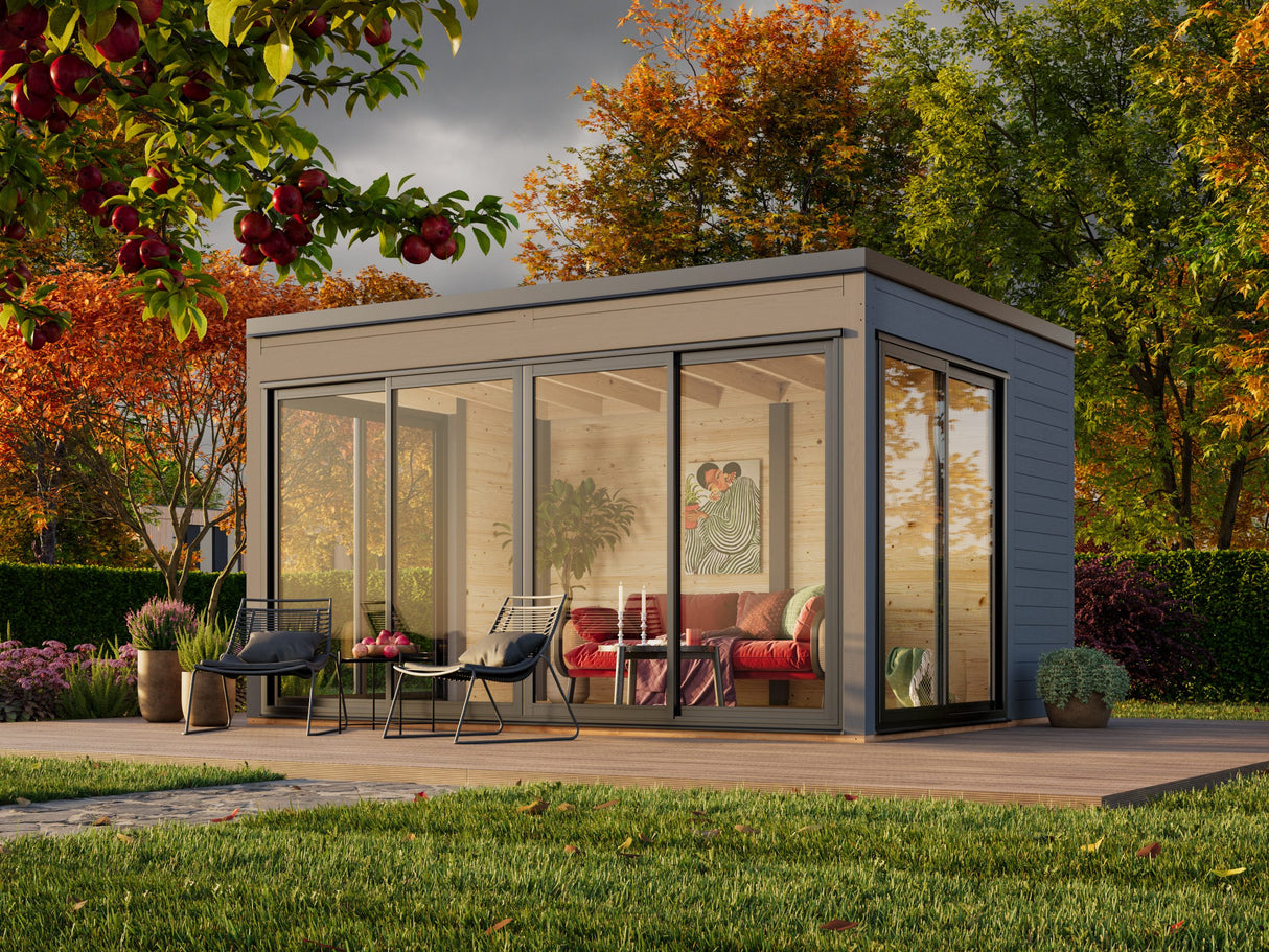 Serena 2 (4,2x3,2 m | 12,6 m² | 44 mm) Moderni lasipaviljonki pihaan – alumiiniovet ja -ikkunat (yksilasinen tai kaksilasinen)