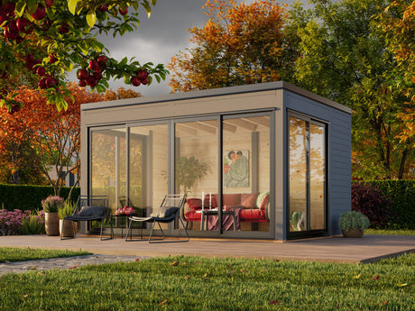 Serena 2 (4,2x3,2 m | 12,6 m² | 44 mm) Moderni lasipaviljonki pihaan – alumiiniovet ja -ikkunat (yksilasinen tai kaksilasinen)