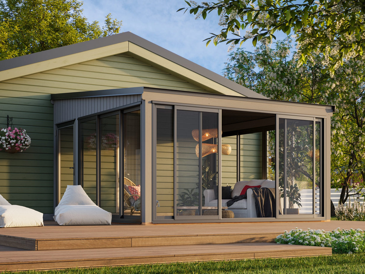 Lumi L (4,2x4,2 m | 16,6 m² | 120x120 mm) Kiinteä puu– ja lasipaviljonki pihaan