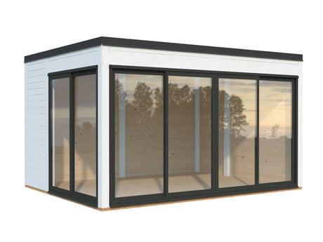 Serena 1 (4,2x3,2 m | 12,6 m² | 44 mm) Moderni kulmamallinen lasipaviljonki pihaan – alumiiniovet ja -ikkunat (yksilasinen tai kaksilasinen)