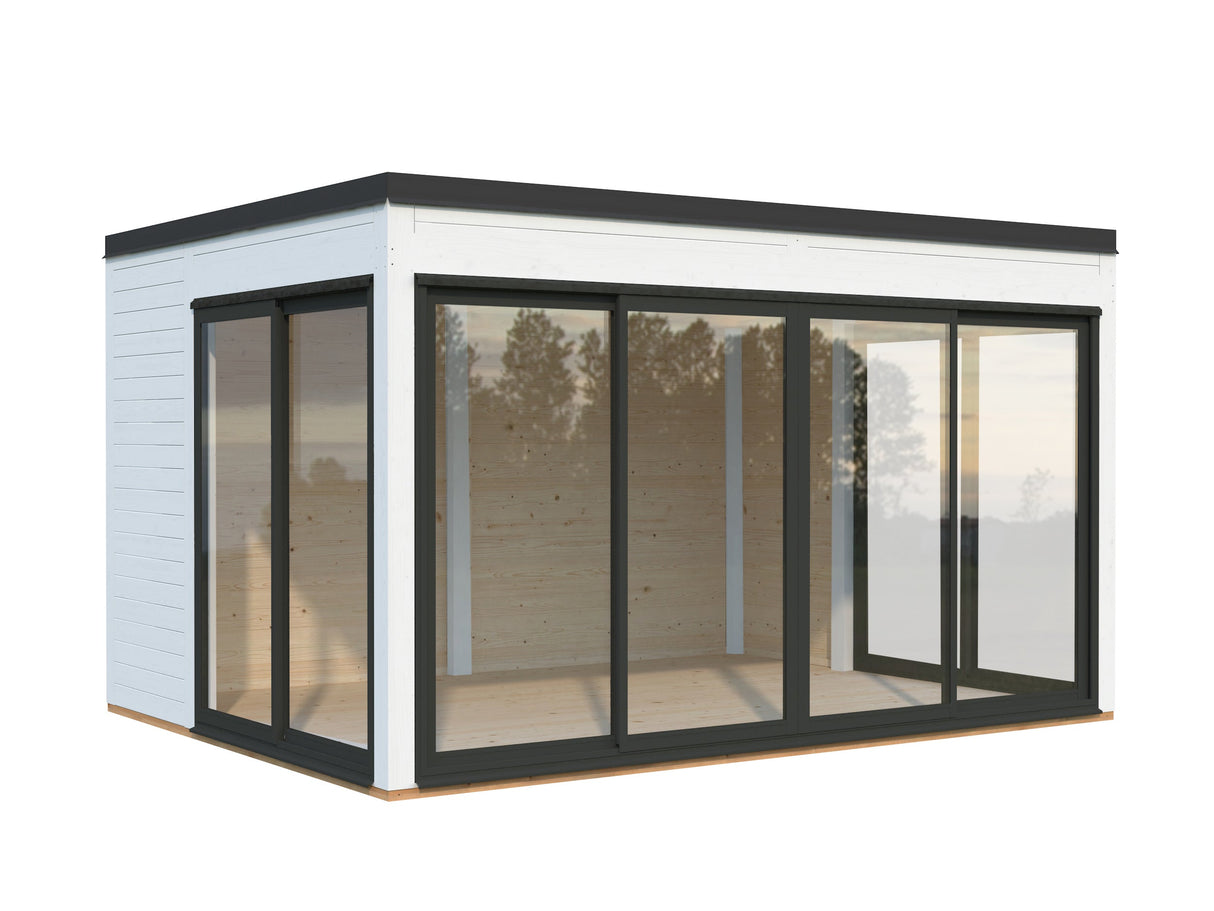 Serena 2 (4,2x3,2 m | 12,6 m² | 44 mm) Moderni lasipaviljonki pihaan – alumiiniovet ja -ikkunat (yksilasinen tai kaksilasinen)