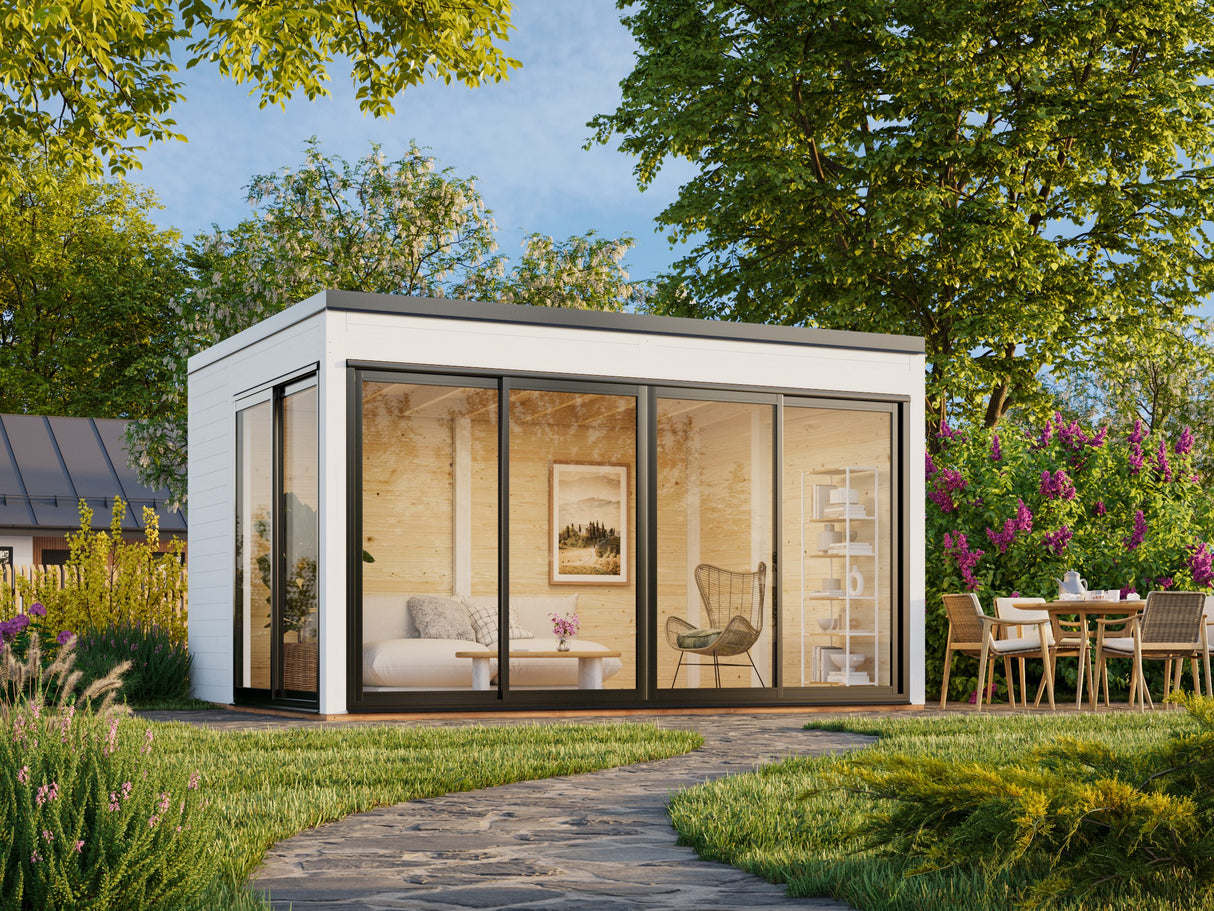 Serena 1 (4,2x3,2 m | 12,6 m² | 44 mm) Moderni kulmamallinen lasipaviljonki pihaan – alumiiniovet ja -ikkunat (yksilasinen tai kaksilasinen)