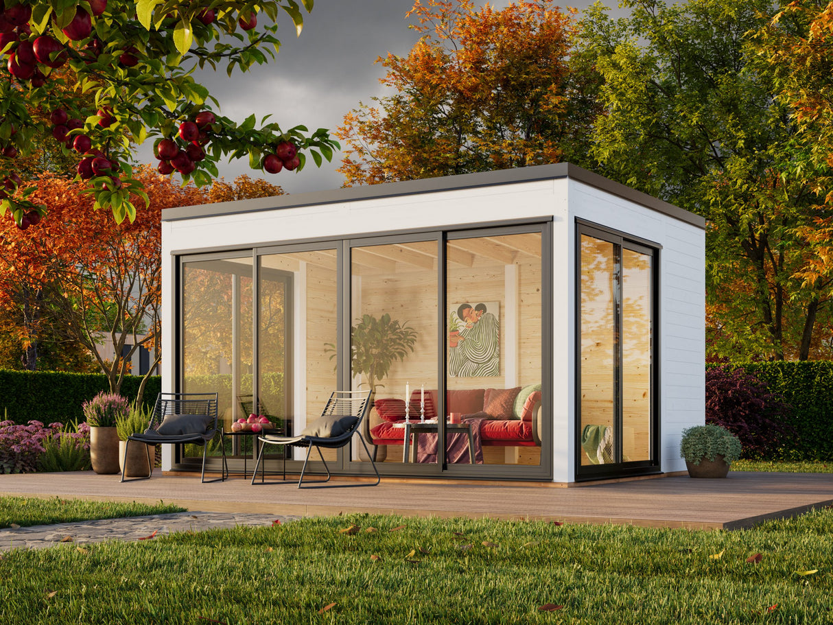Serena 2 (4,2x3,2 m | 12,6 m² | 44 mm) Moderni lasipaviljonki pihaan – alumiiniovet ja -ikkunat (yksilasinen tai kaksilasinen)