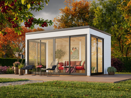 Serena 2 (4,2x3,2 m | 12,6 m² | 44 mm) Moderni lasipaviljonki pihaan – alumiiniovet ja -ikkunat (yksilasinen tai kaksilasinen)