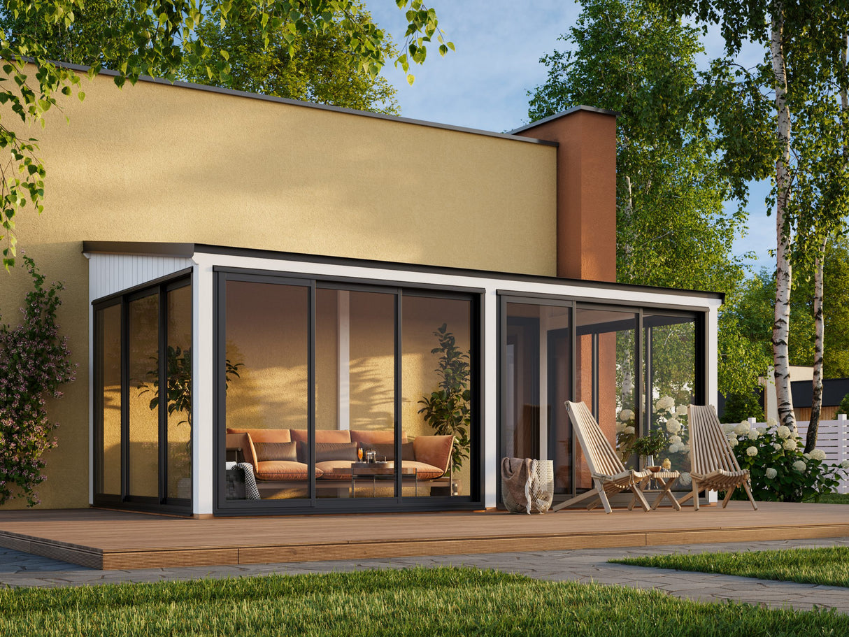 Lumi M (5,8x3 m | 16,2 m² | 120x120 mm) Moderni kiinteä lasipaviljonki pihaan