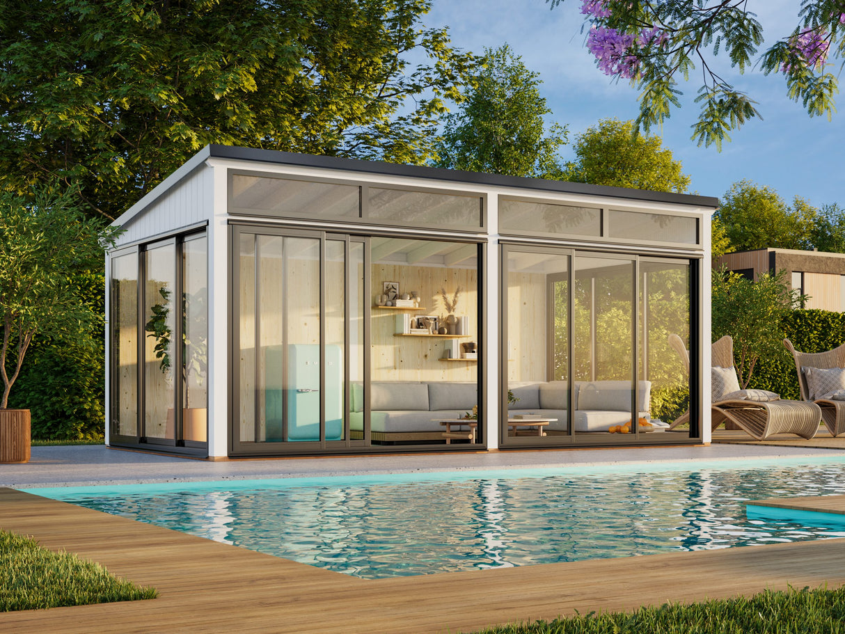 Saga L (4,2x4,2 m | 16,6 m² | 120x120 mm) Kiinteä lasipaviljonki tai kesähuone pihaan