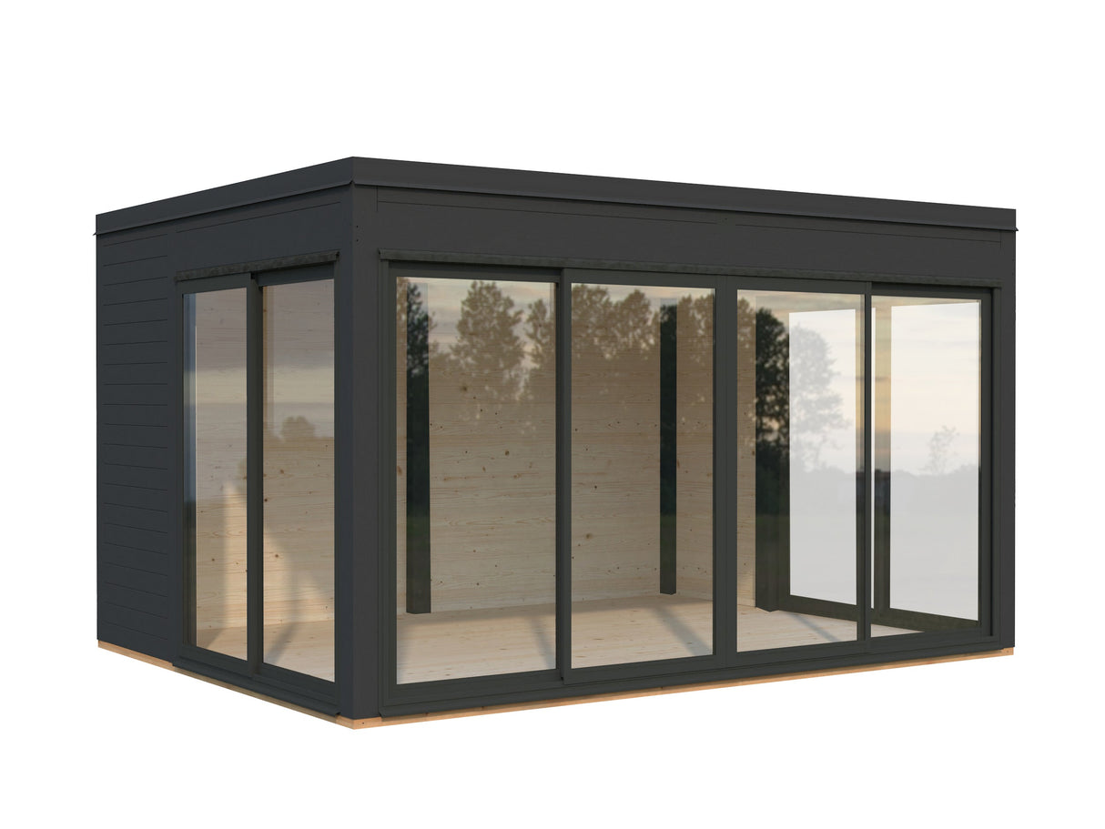 Serena 2 (4,2x3,2 m | 12,6 m² | 44 mm) Moderni lasipaviljonki pihaan – alumiiniovet ja -ikkunat (yksilasinen tai kaksilasinen)