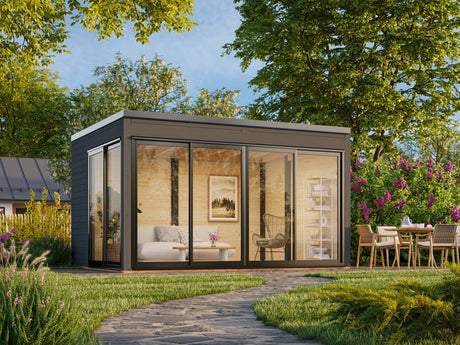 Serena 1 (4,2x3,2 m | 12,6 m² | 44 mm) Moderni kulmamallinen lasipaviljonki pihaan – alumiiniovet ja -ikkunat (yksilasinen tai kaksilasinen)