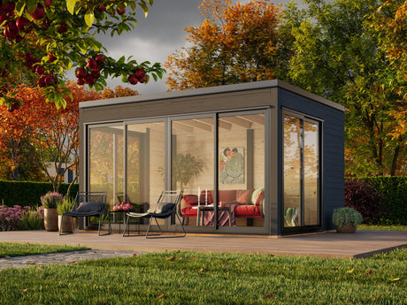 Serena 2 (4,2x3,2 m | 12,6 m² | 44 mm) Moderni lasipaviljonki pihaan – alumiiniovet ja -ikkunat (yksilasinen tai kaksilasinen)