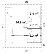 Cecilia XL(5,6x6,9m | 30m² | 70mm) Neljähuoneinen moderni kesämökki alumiiniovilla ja -ikkunoilla