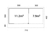 Andrea L (6,9x3m | 11,2+7,9m² | 44mm) piharakennus liukuovilla (saatavana kaksilasitus)