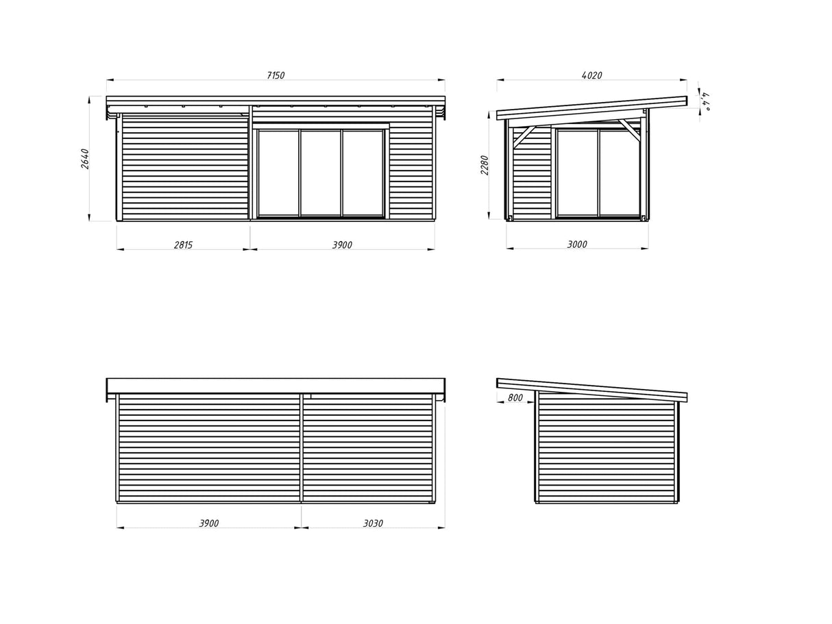 Andrea L (6,9x3m | 11,2+7,9m² | 44mm) piharakennus liukuovilla (saatavana kaksilasitus)