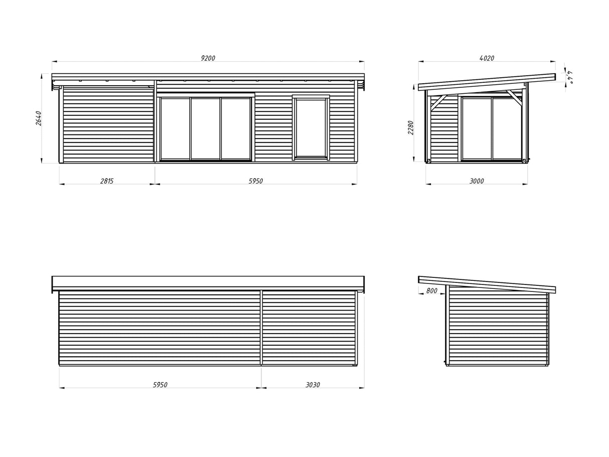 Andrea XL (9x3m | 17,1+7,9m² | 44mm) piharamökki liukuovilla (saatavana kaksilasitus)