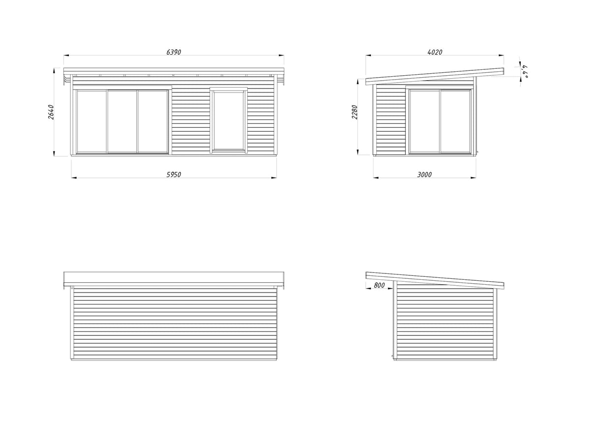 Andrea M (6,0x3m | 17,1m² | 44mm) piharakennus liukuovilla (saatavana kaksilasitus)