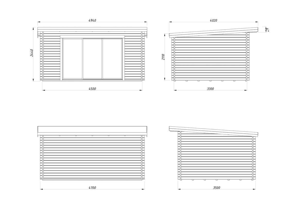 Lea M (4,5x3,3m | 14,2m² | 44mm) Tilava pulpettikattoinen piharakennus liukuovilla (saatavana tupla-lasillisena)