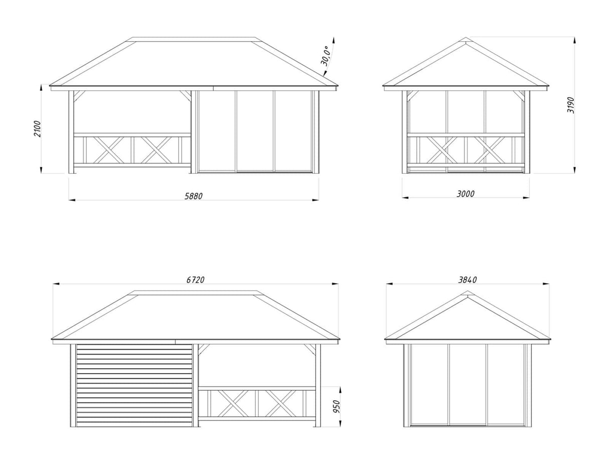 Bianca 204/504 (6x3m | 16,6m²) piharakennus kolmella lasiseinällä ja huvimajalla (saatavana tuplalasilla)