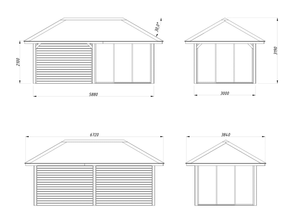 Bianca 206/506 (6x3m | 16,6m²) piharakennus kolmella liukulasiovella ja katoksella (saatavana tuplalasilla)