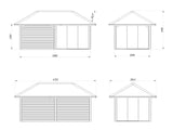Bianca 206/506 (6x3m | 16,6m²) piharakennus kolmella liukulasiovella ja katoksella (saatavana tuplalasilla)