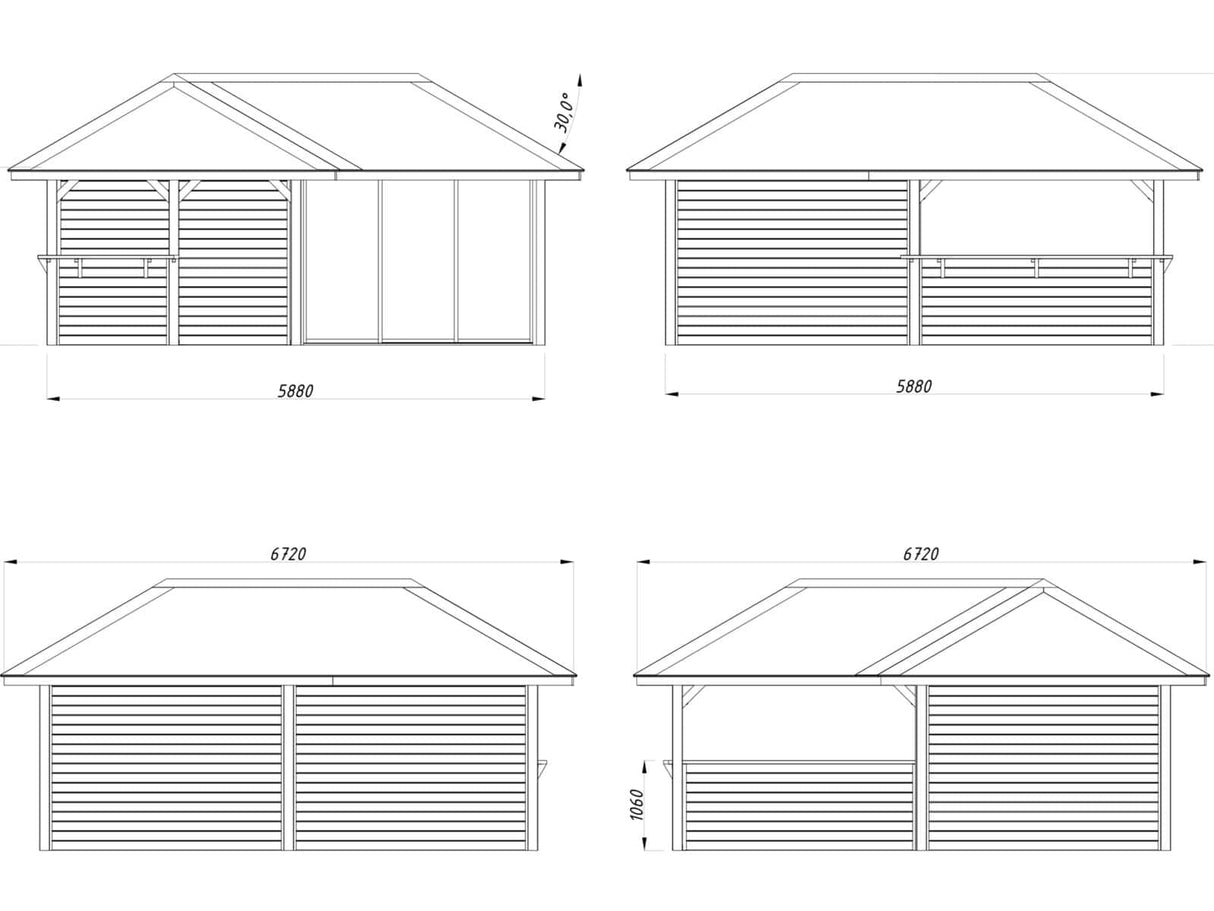 Bianca 209/509 (6x6m | 24,9m²) kulmapiharakennus ulkokeittiöalueella (saatavana tuplalasilla)