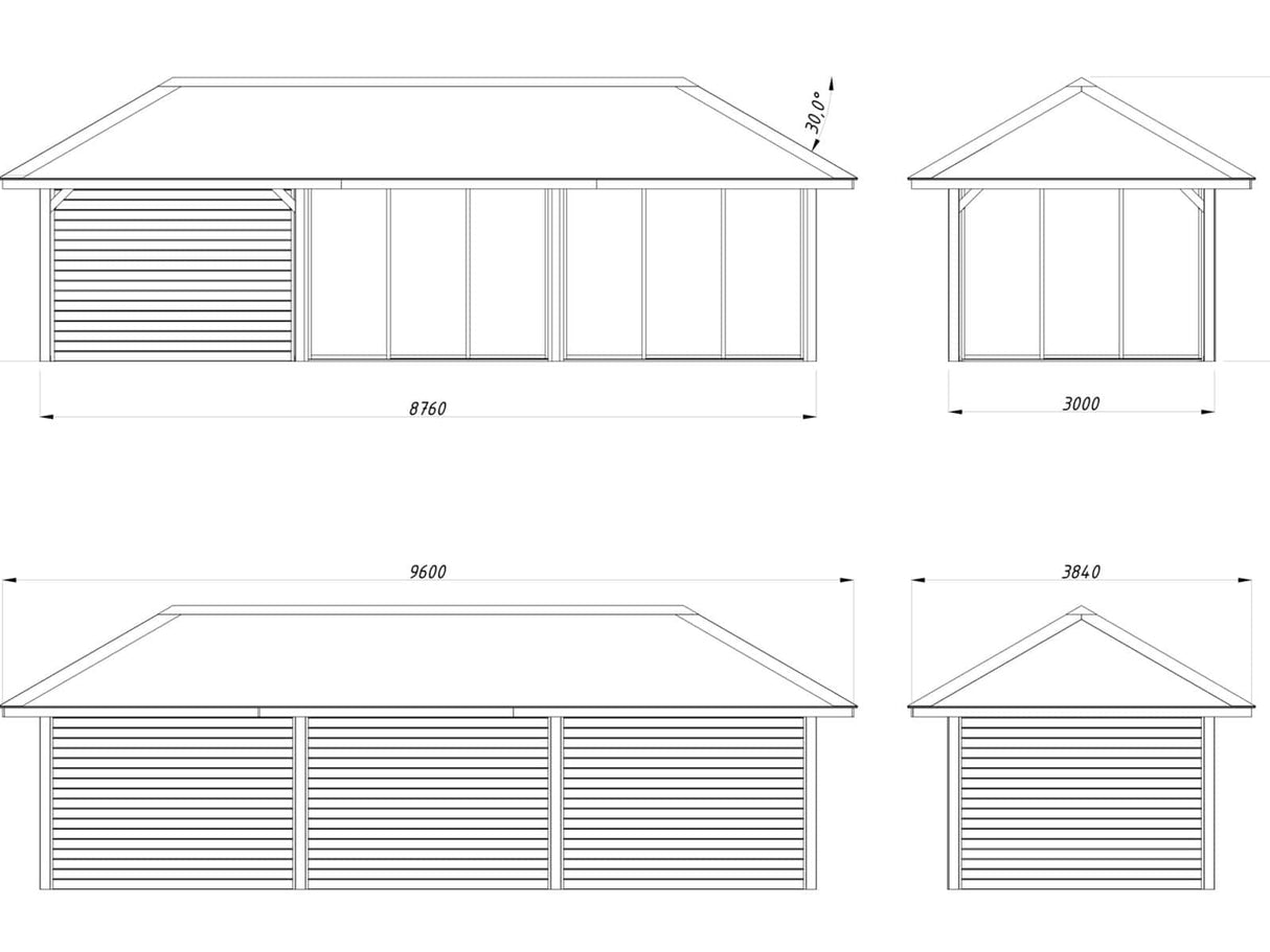 Bianca 217/517 (9x3m | 24,9m²) piharakennus liukuovilla (saatavana tuplalasilla)