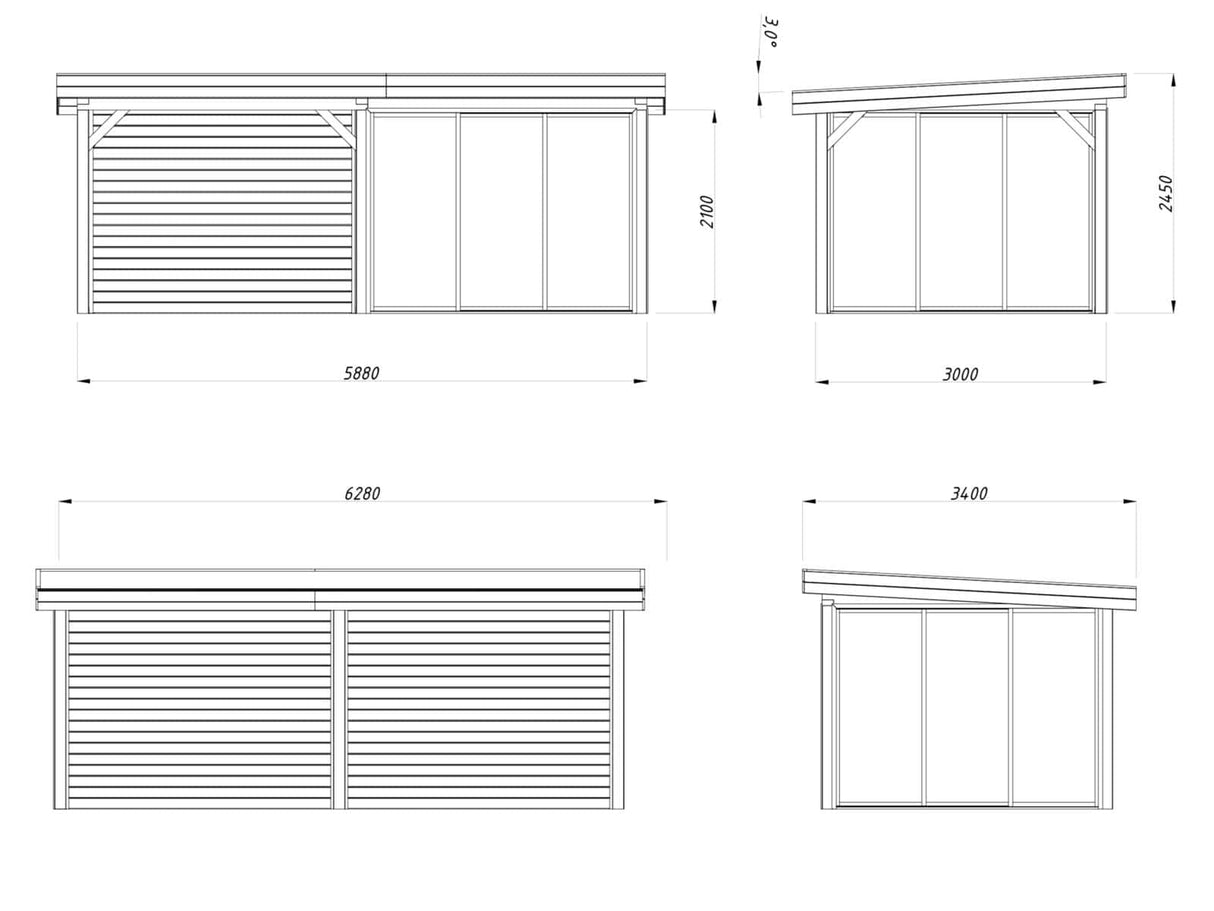 Lenna 406/706 (6x3m | 16,6m²) Lasinen piharakennus liukuovilla (Saatavana tuplalasilla)