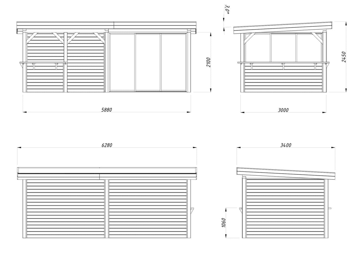 Lenna 407/707 (6x3m | 16,6m²) Lasinen piharakennus liukuovilla tuplalasilla)