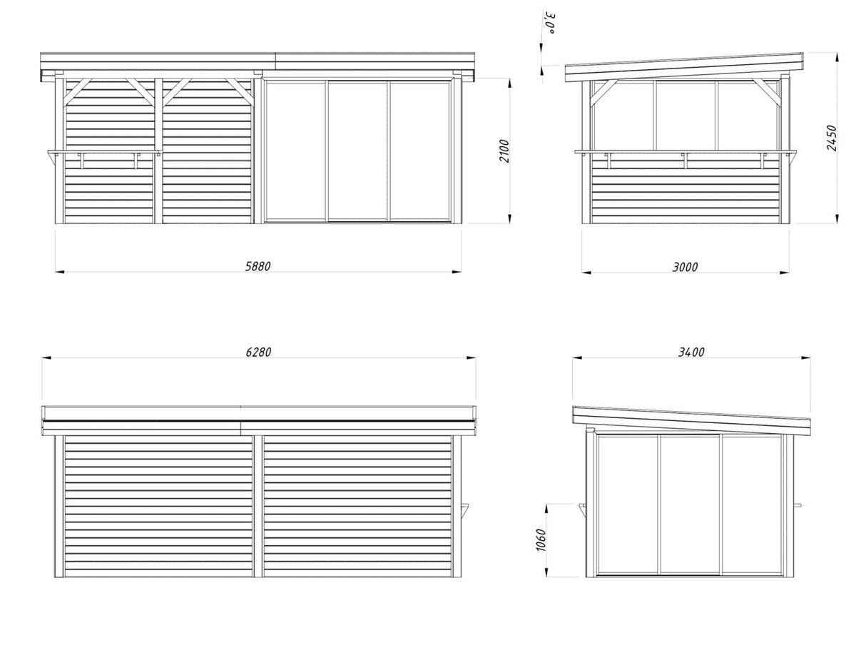 Lenna 408/708 (6x3m | 16,6m²) Lasinen piharakennus liukuovilla (Saatavana tuplalasilla)