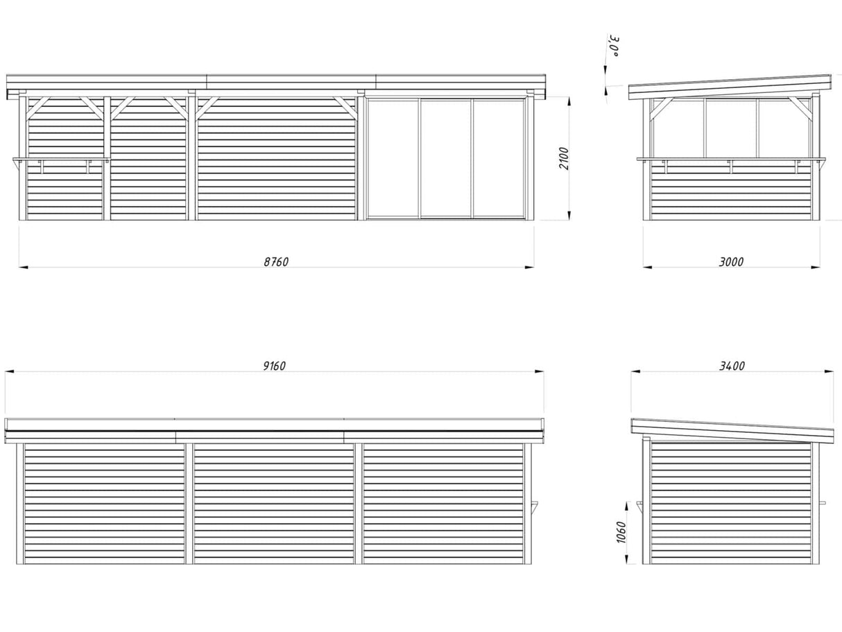 Lenna 415/715 (9x3m | 24,9m²) Lasinen piharakennus liukuovilla (Saatavana tuplalasilla)