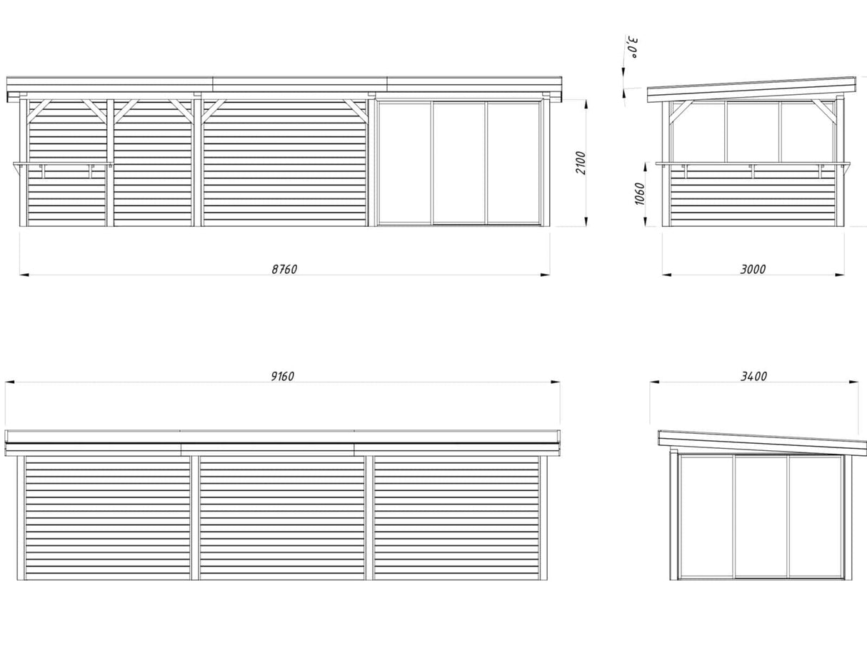 Lenna 416/716 (9x3m | 24,9m²) Lasinen piharakennus liukuovilla (Saatavana tuplalasilla)
