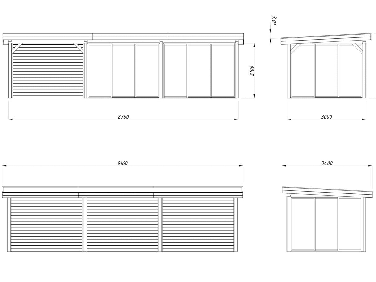 Lenna 418/718 (9x3m | 24,9m²) Lasinen piharakennus liukuovilla (Saatavana tuplalasilla)