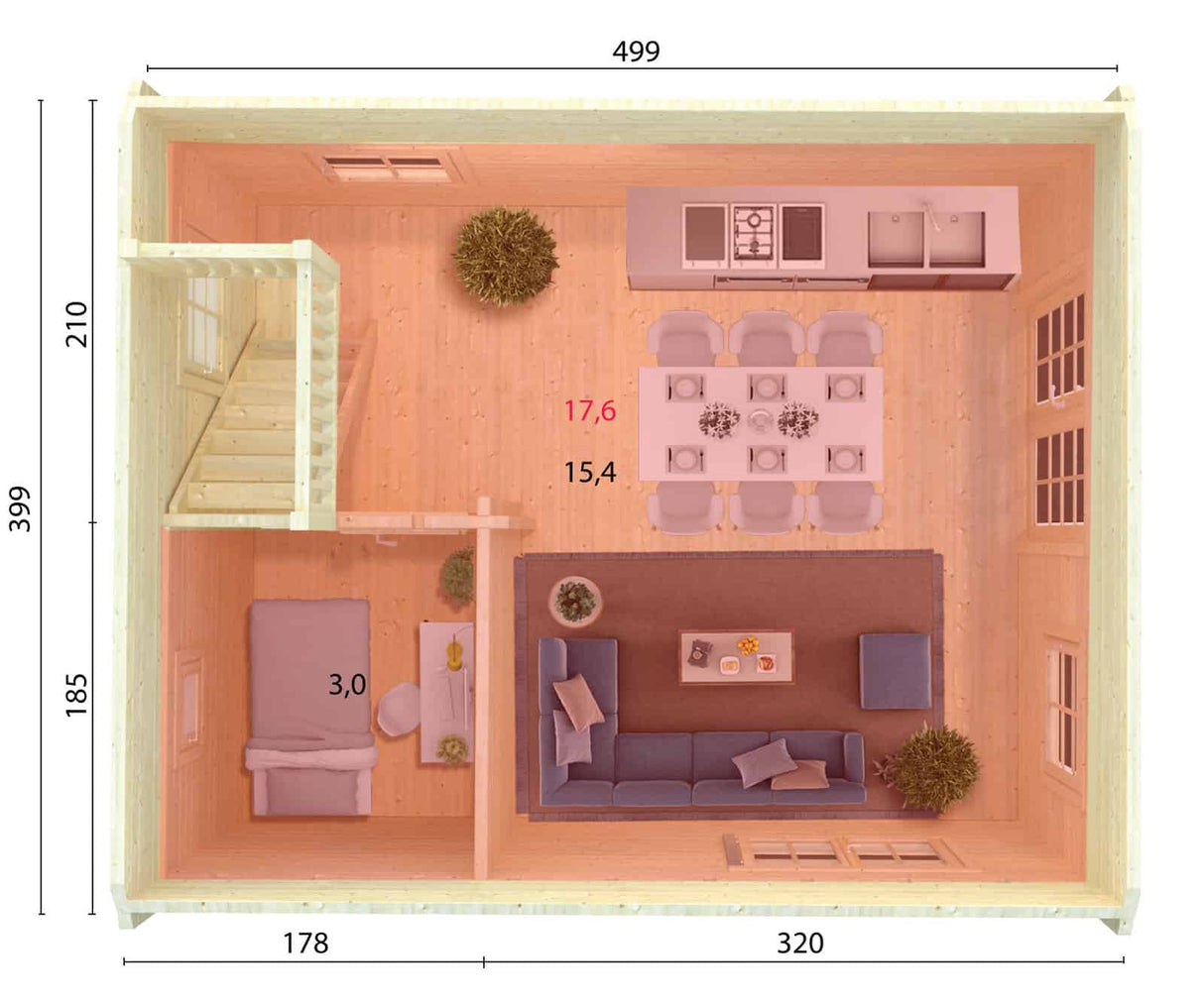Kendra (4,2x5,2m | 18,4m² | 70mm) Hirsitalo parvella