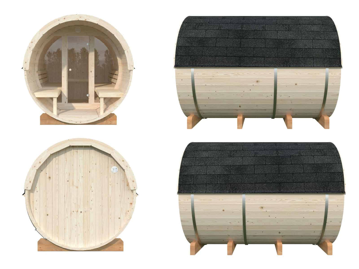 Anita L (2,2x2,9m | 1,6+0,7m² | 42mm) Puinen tynnyrisauna lasiseinällä