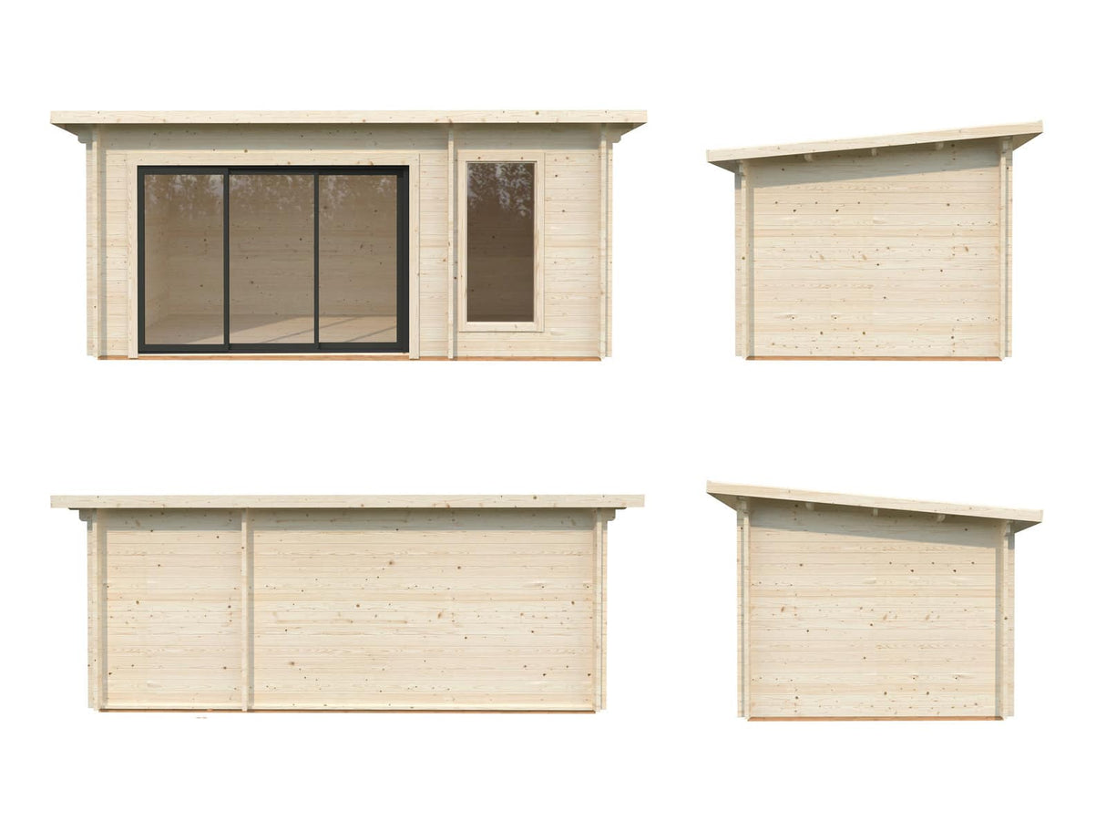Sanna Sauna XL (5,2x2,9m | 12,8m² | 44mm) Moderni pihasauna tuplasillisilla liukuovilla