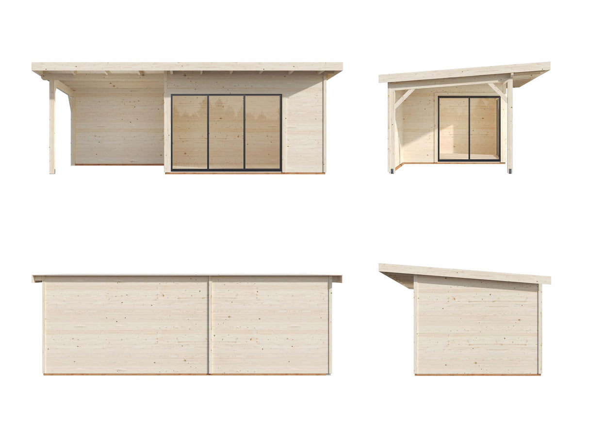 Andrea L (6,9x3m | 11,2+7,9m² | 44mm) piharakennus liukuovilla (saatavana kaksilasitus)