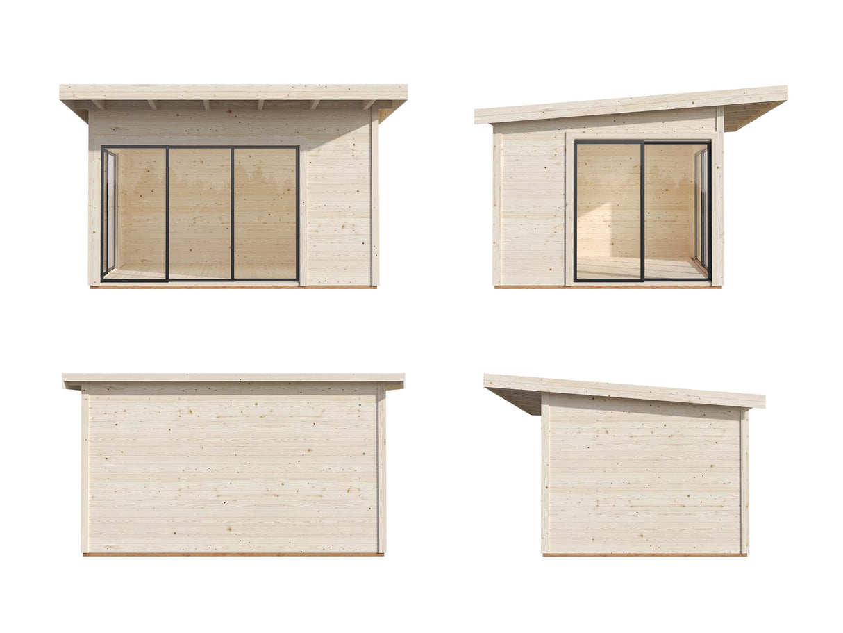 Andrea S (3,9x3m | 11,2m² | 44mm) moderni kulmakevytmökki liukuovilla (saatavana kaksilasitus)